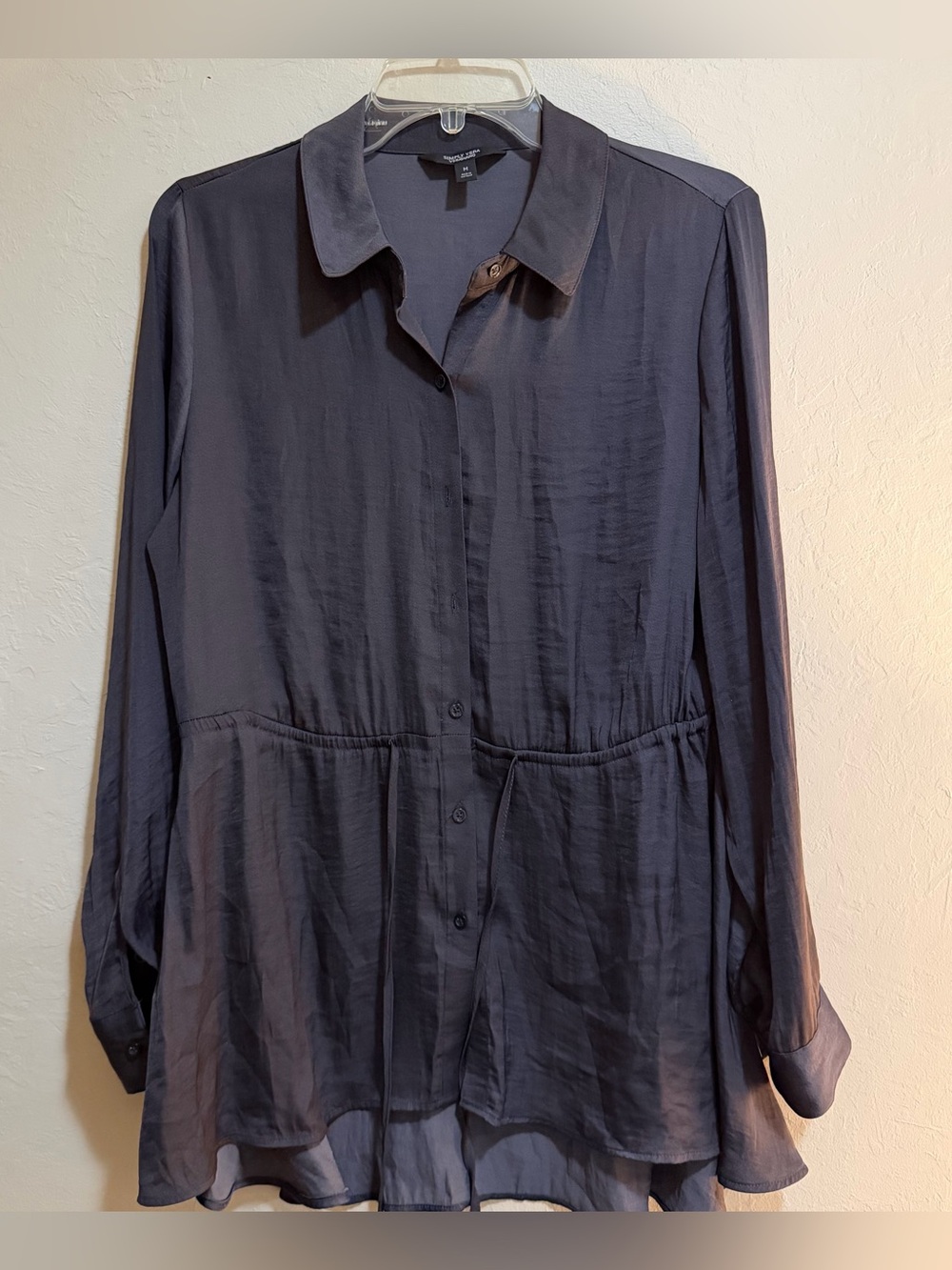 Vera Wang Women's Gray Button-Up Long Sleeve Tunic Blouse Tie Waist Sz M